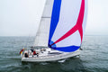 A sailboat flying a Cruising Asymmetrical Spinnaker in blue, white, and red colors.